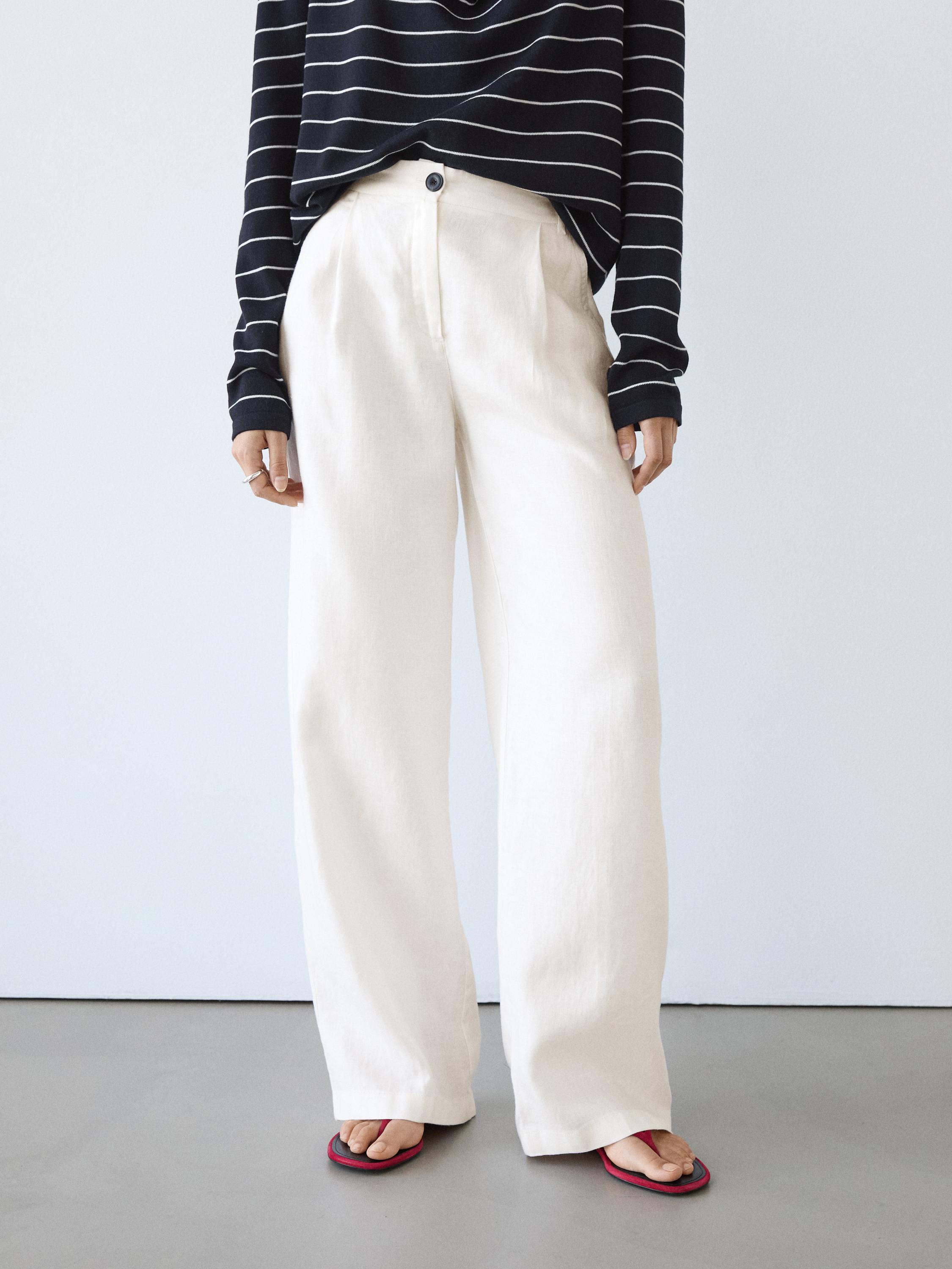 100% linen wide-leg elasticated trousers